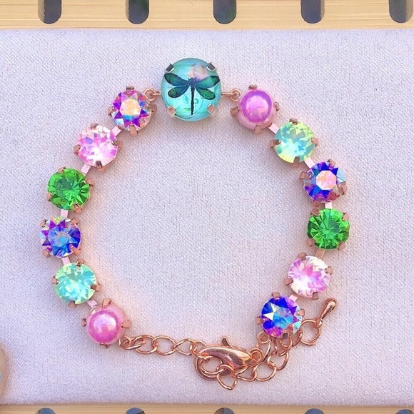Jewelry - Pink Opal Aurora Borealis + Peridot Dragonfly Charm Crystal Tennis Bracelet